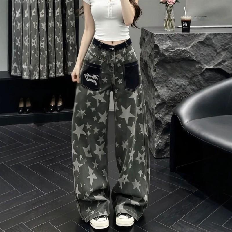 Womens Star Print Slim-fit Cut Jeans Thin Streetwear Wide Leg Long Pants 2026