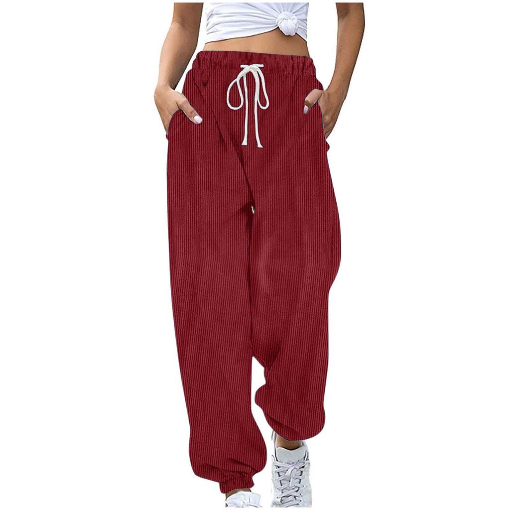 Women's Solid Colour Elastic Drawstring Waist Corduroy Drawstring Casual Side Pocket Trousers