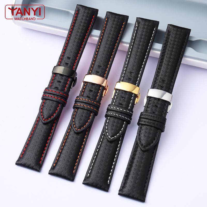 Genuine Leather Bracelet Carbon Fiber Grain Watchband Red Stitching 18mm 20mm 22mm Watch Band Strap Accessories Butterfly Buckle
