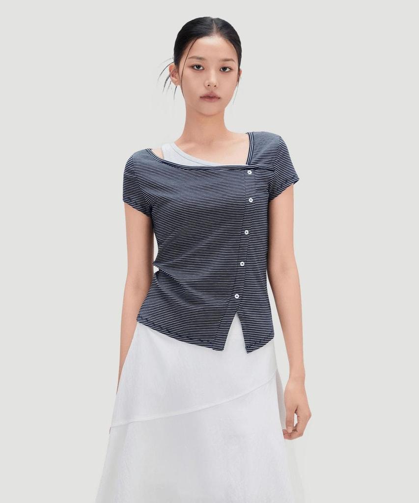 MIXXO Asymmetrical Striped Short Sleeve T-Shirt Re Lwg43Ss_Miwhwg73Ra
