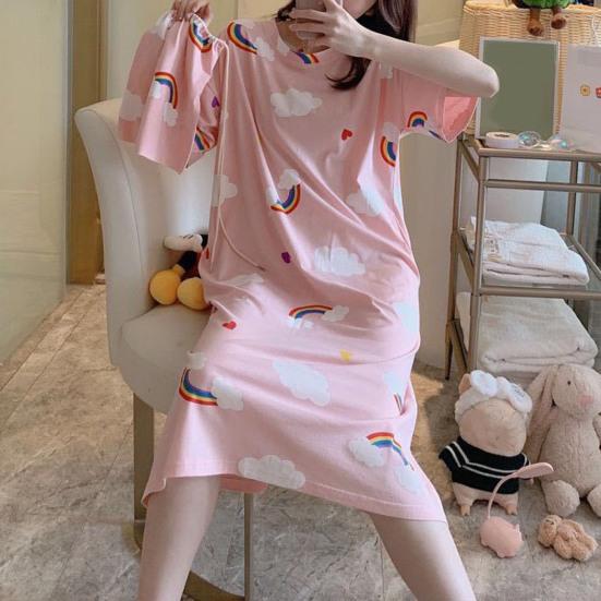 Beautiful Sleeping Dress Breathable Relaxed Comfortable Girls Sweet Pink Heart Print Summer Nightdress Home Wear