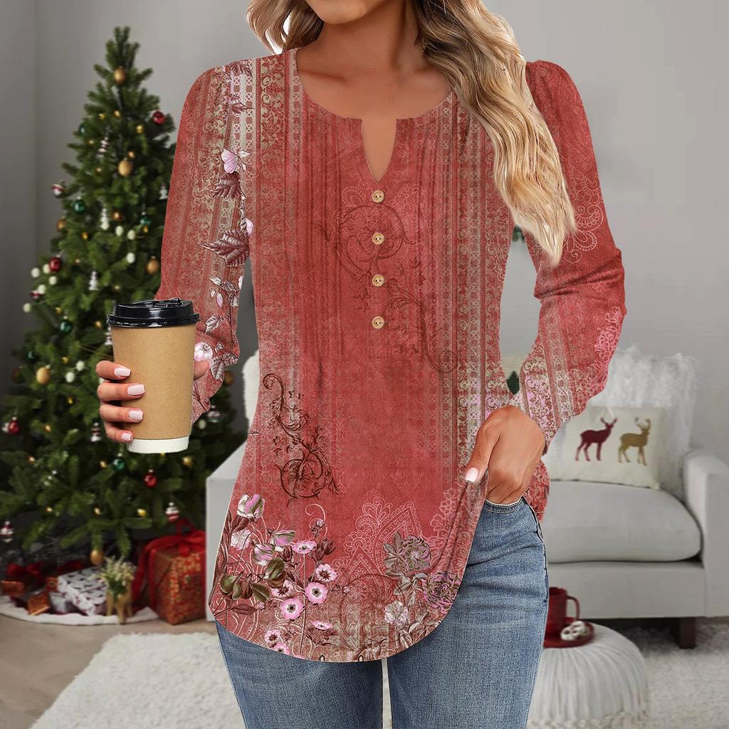 Женская мода повседневная плиссированная футболка с круглым вырезом и декоративными пуговицами и цветами с длинным рукавом