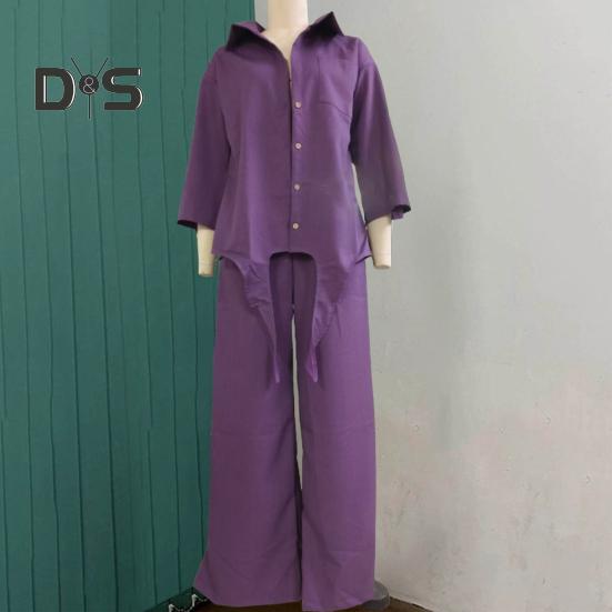 Women's Cotton-Linen Two Piece Outfit Long Sleeve Lapel Button Down Top Matching Wide Leg Pants Casual Loungewear Set