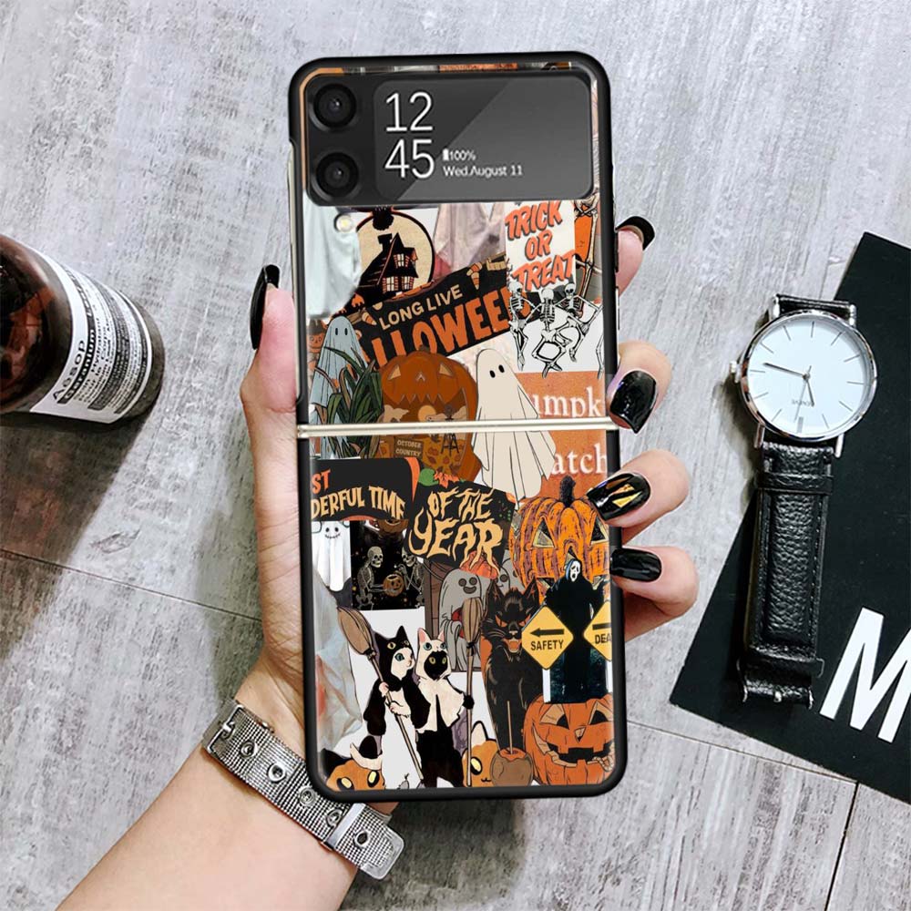 Halloween Fall Art Witch Cat Cases For Samsung Galaxy Z Flip 4 5 6 7 3 Z Flip7 Flip6 Flip4 Flip5 Flip3 5G Hard Shockproof Fundas