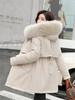 Autumn Winter Coat Women Beige Add Wool Thick Warmth Fur Hooded Parkas Jacket 2024 New Fashion Belt Slim Cotton Coat