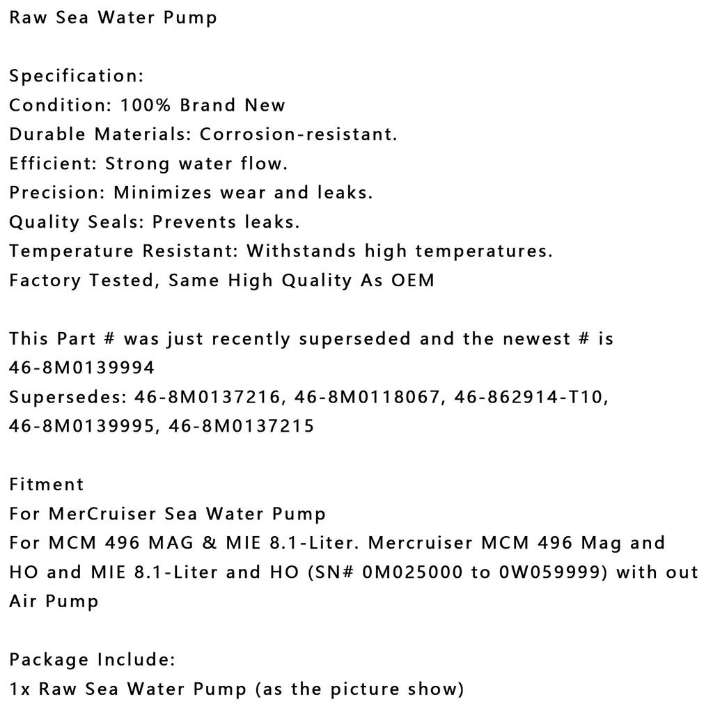 Raw Sea Water Pump 46-8M0139994 8M0137215 For MerCruiser Mercury Quicksilver