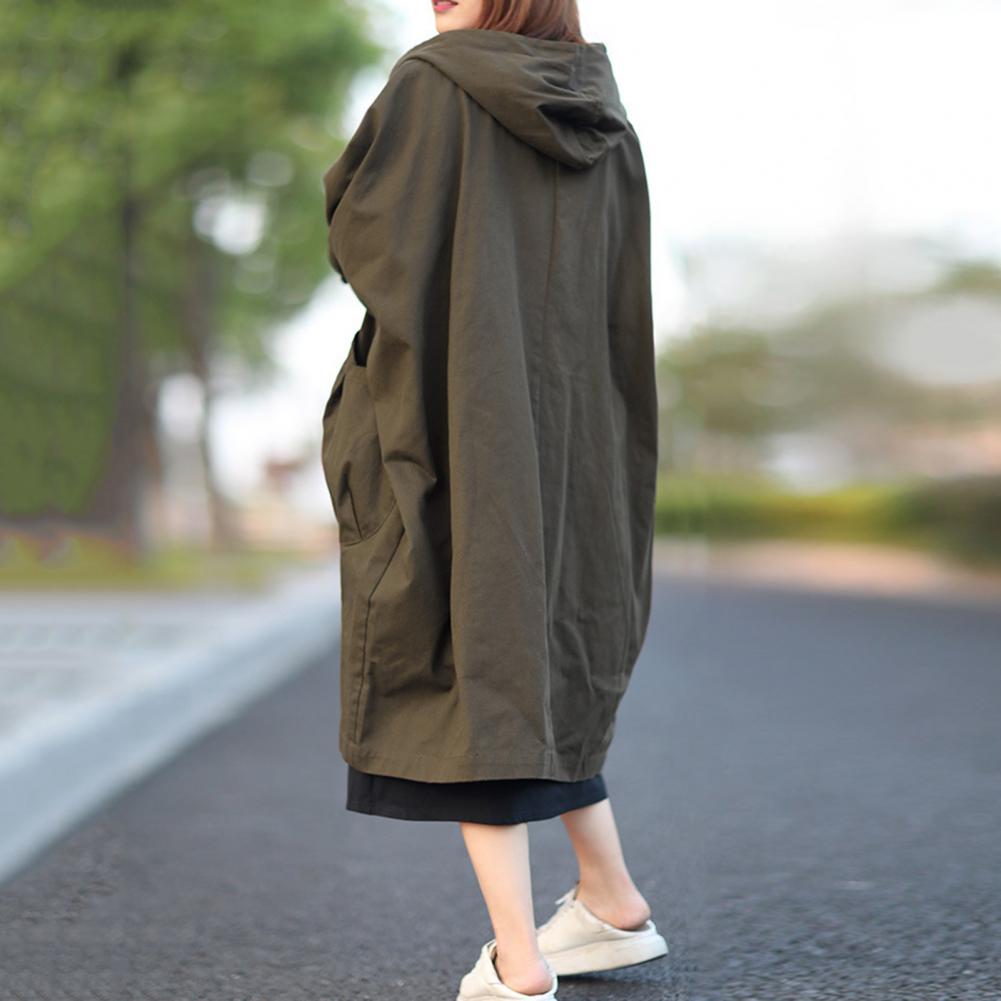 Осень-весна Женское пальто с капюшоном, однобортное, с длинными рукавами, свободный кардиган, длина до середины икры, с завязками, с большими карманами