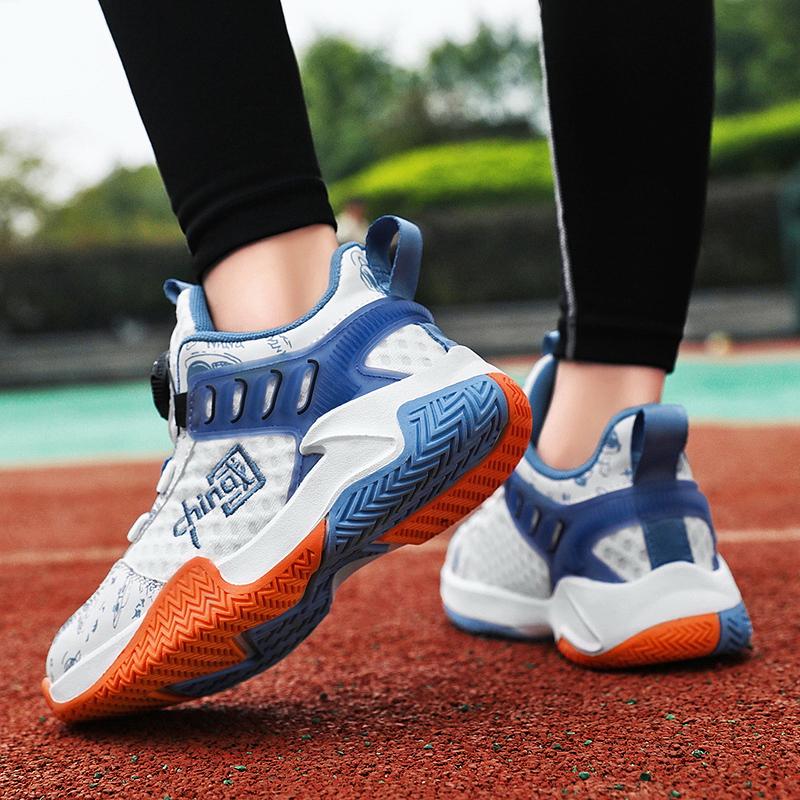 Новые детские баскетбольные кроссовки с вращающимися кнопками для мальчиков, молодежные нескользящие амортизированные спортивные туфли, повседневная обувь для мальчиков