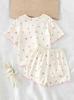 Girls Short Sleeve Pajama Set Tiny Floral Cat Embroidery Ruffle Trim Button Front Top Soft Summer Gentle Loungewear Sleepwear for Little Girls 4-7Y