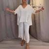 Women's V-Neck Loose Short Sleeve Top with Silver Sequins & Asymmetrical Hem, Plus Matching Cropped Pants with Side Sequins and Split Hem