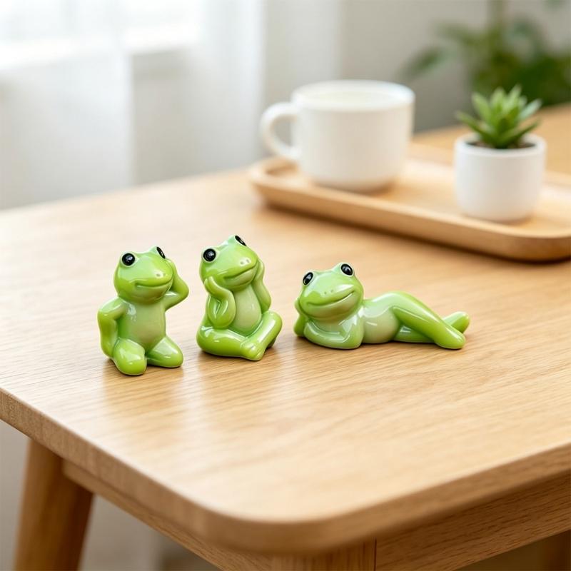 Set of 3 Frogs Desk Decors Mini Resin Figurines with Playful Poses for Monitor Top Shelves Entryway Tables Styling or Car Dashboard Display