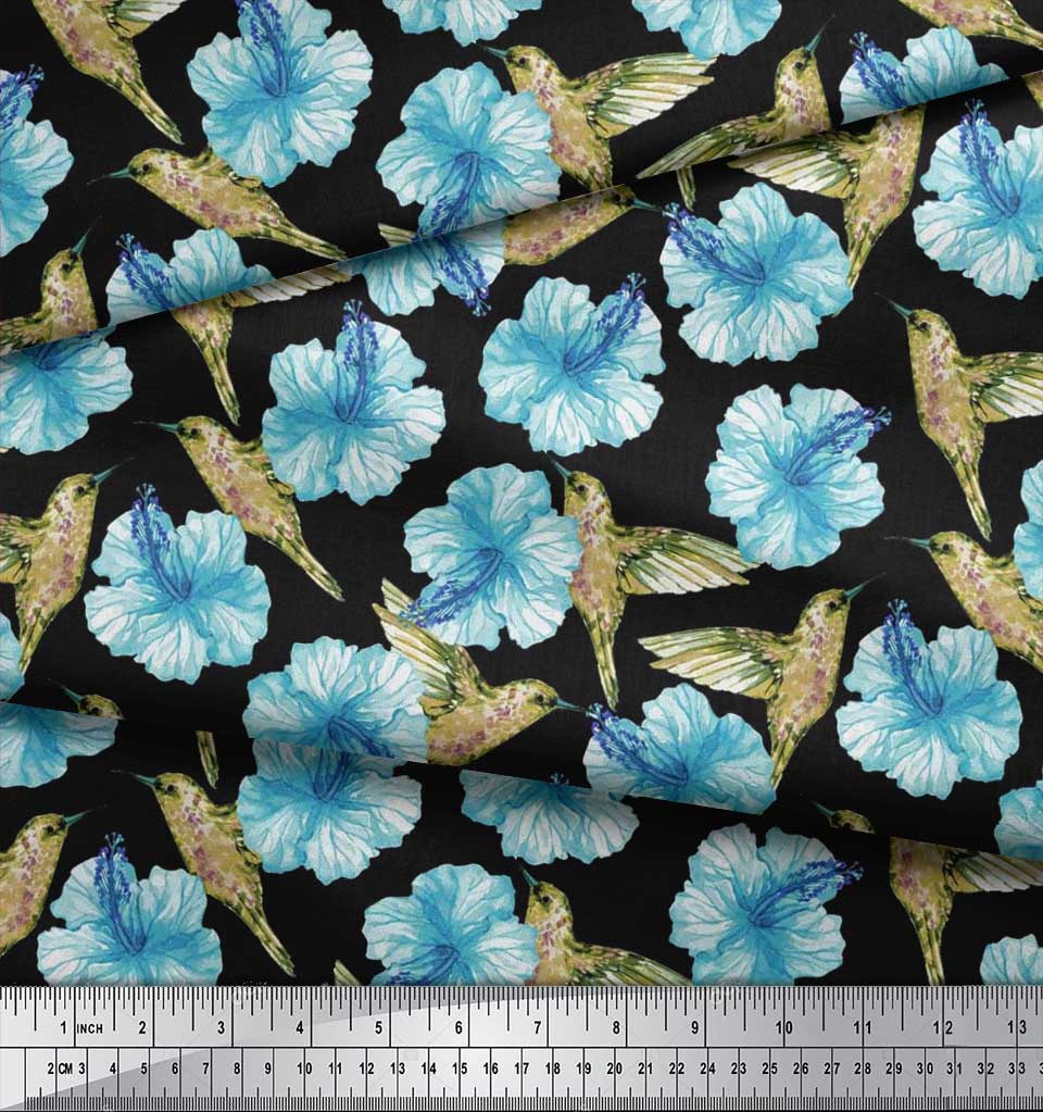Soimoi Черная полиэстеровая креповая ткань с принтом колибри и цветов, ярд 42 дюйма