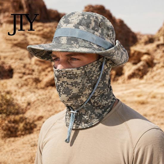 Sun Protection Hat Camouflage with Balaclava Face Mask, UV Men Wide Brim Hat, Breathable Bucket for Outdoor Fishing Hiking Cycling