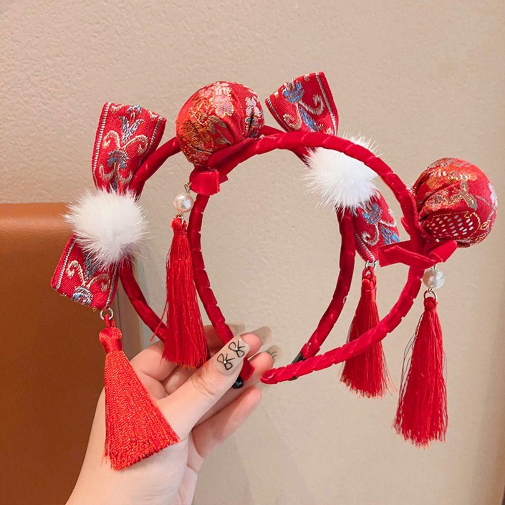 Tassel Chinese New Year Headwear Plush Ball Red Hairband Sweet Hanfu Hair Bun Hair Hoop Children