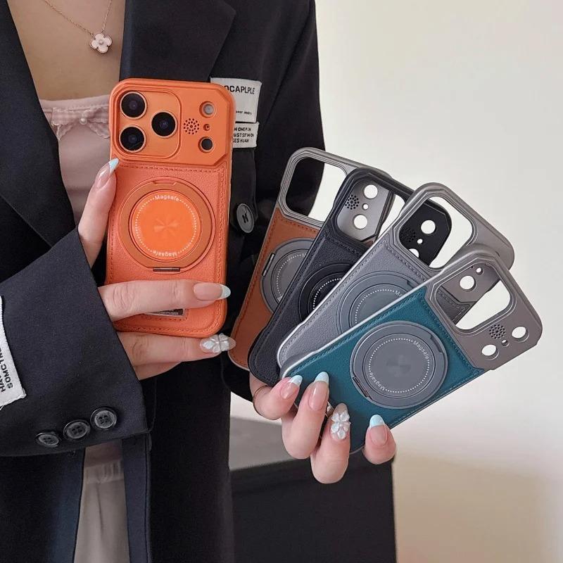 Luxury Magnetic Leather Aromatherapy Phone Case For 17 16 15 14 13 12 Pro Max Rotate Bracket Wireless Charging Borderless