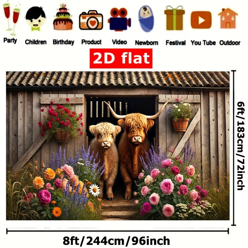 2D flat design 1-piece farm-themed Scottish and Highland cattle flower field party set suitable for garden parties
