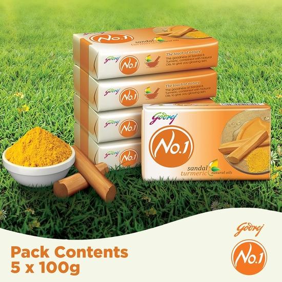 Godrej No.1 Bathing Soap Sandal & Turmeric Grade 1 Soap & Long-Sticked Fragrance, Combo Pack of 5 (по 100 г каждый)
