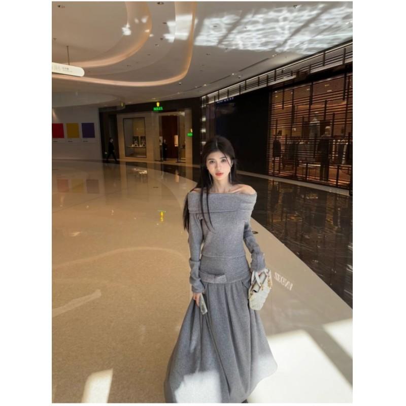 Женский осенне-зимний темпераментный однотонный костюм без бретелек с однотонным воротником + полудлинная юбка, костюм-двойка