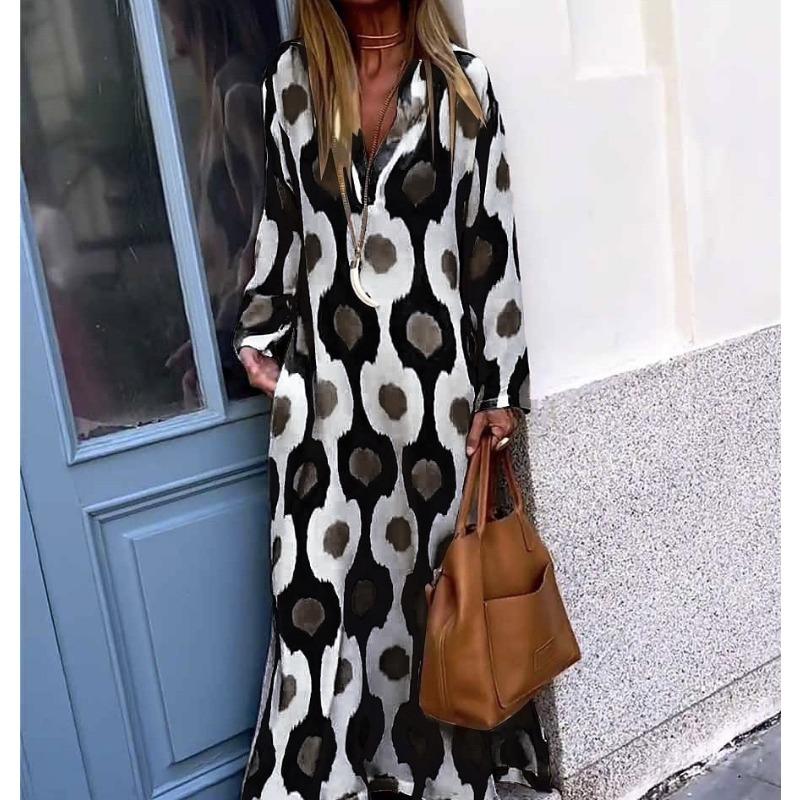 YYFS Женская мода весна осень цвет блок принт длинный рукав V-образный вырез свободная талия повседневные платья