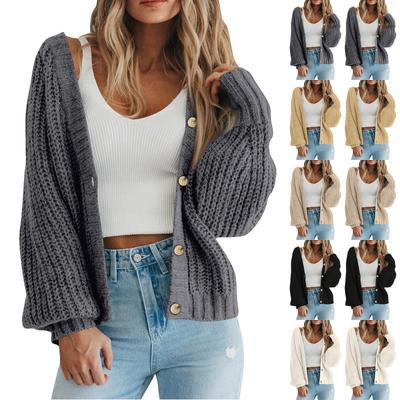 Женский однотонный трикотажный кардиган с длинным рукавом и V-образным вырезом на пуговицах
