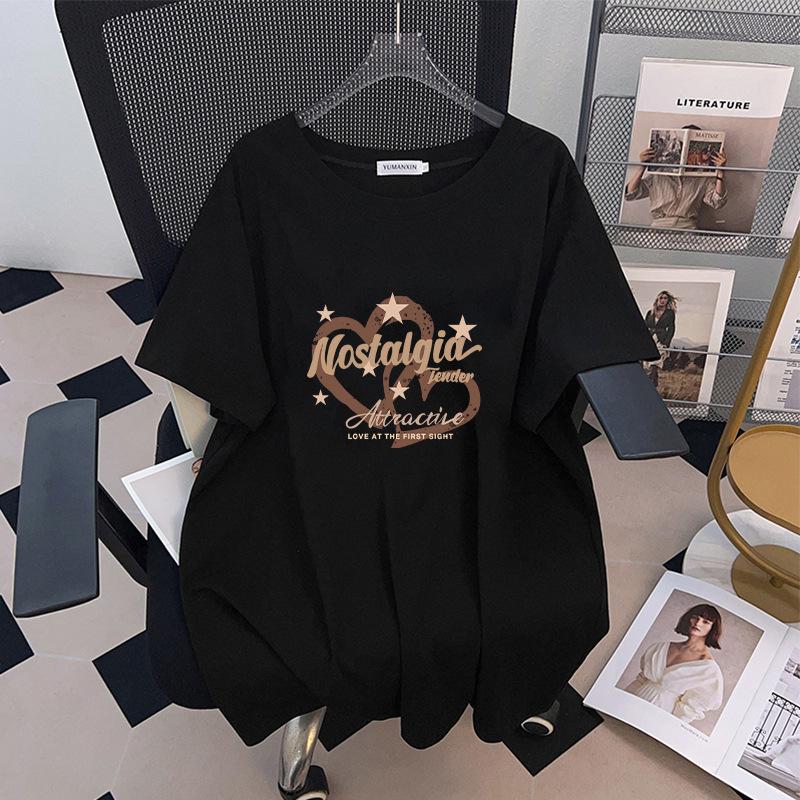 Женская облегающая футболка большого размера средней длины с коротким рукавом - Круглый вырез, Свободный крой (Размеры 200-350 Цзинь)