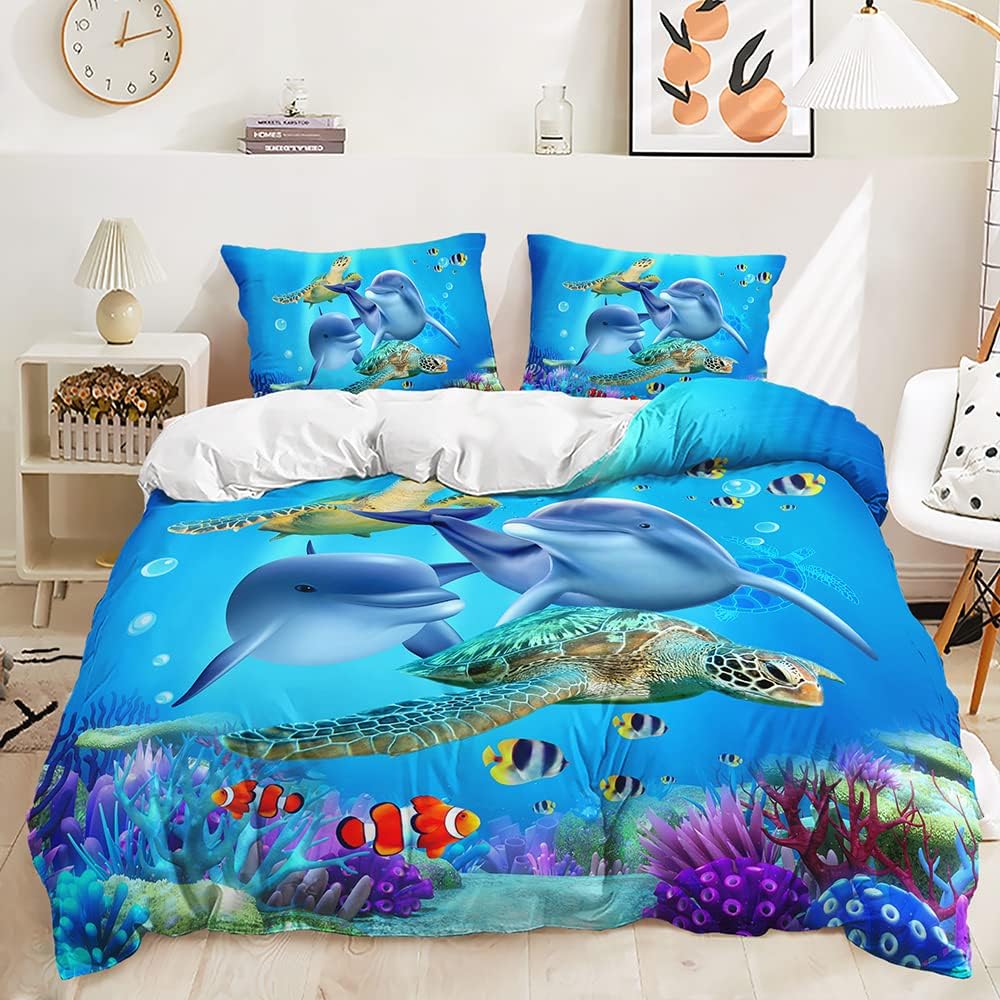 Dolphin Duvet Cover Set Single Double Size 3D Printed Bedding Kids Boys Girls Dolphin Turtle Sea Animals Decor for Home Textiles