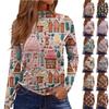 Women Fall Casual Long Sleeve Shirts Sweatshirt Vintage Printed High Neck Top Pullover