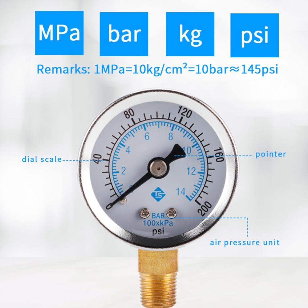 TS-40-14bar Water Oil Pressure Gauge 0-200 PSI Test Range Pressure Gauge Dual Scale Gas Pressure Gauge with 1/8'' NPT Bottom Mount