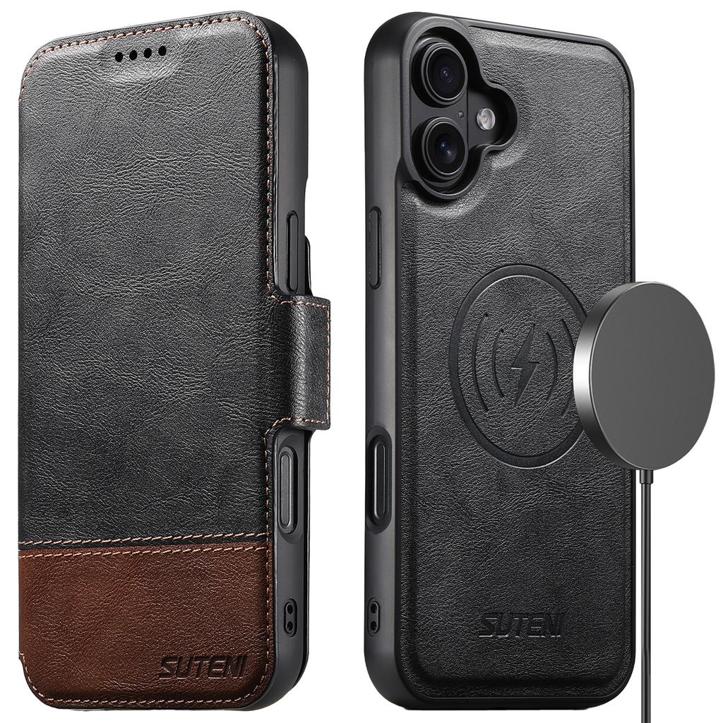 SUTENI Q-06 For iPhone 16 Case Color Splicing Magnetic Detachable Leather Phone Cover
