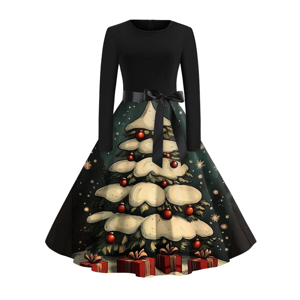 Christmas Print Flare Dress For Women Long Sleeve Dress Hollow Party Casual Dresses