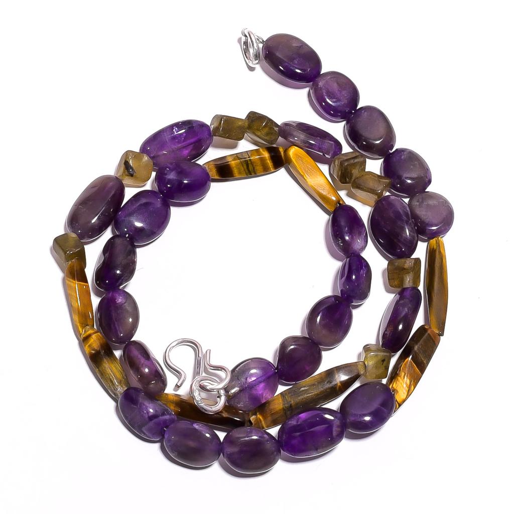 Natural Amethyst Tiger Eye Labradorite Gemstone Smooth Beads Necklace 17" UB5027 UB-5027