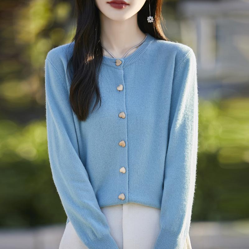 Minimalist Solid Basic Structured Shoulder Versatile Long Sleeve Knit Cardigan Heart Button Round Neck Sweater Women