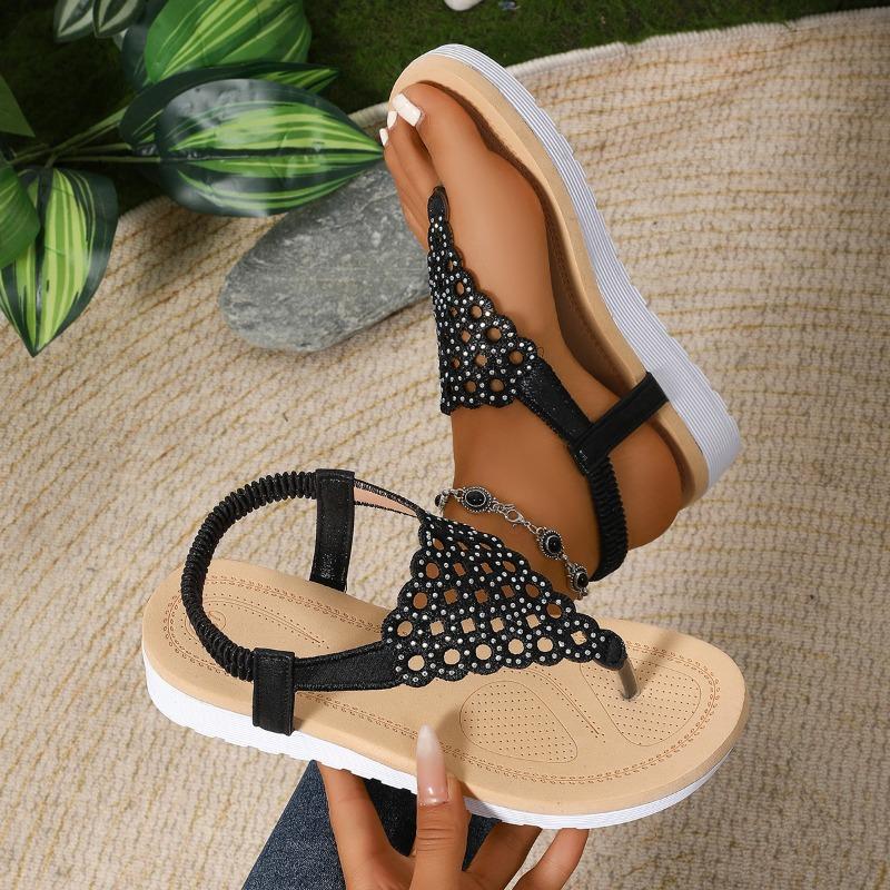 Sandals Women's Summer New Rhinestone Wedge Sandals Muffin Thick-soled Elastic Herringbone Sandals