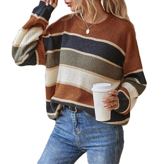 Women Sweater Round Neck Long Sleeve Knitted Tops Striped Print Loose Fit