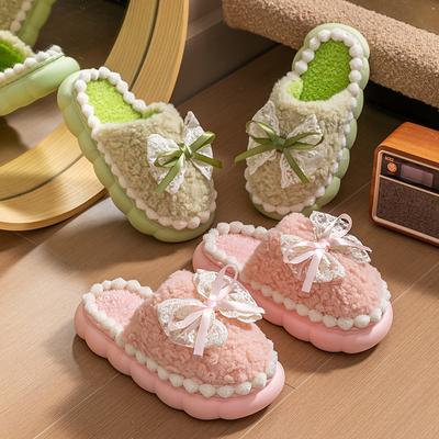 Зимние теплые меховые тапочки для женщин, домашние тапочки на толстой подошве, милые с бантом, нескользящие, мягкие, домашняя обувь, комнатные плюшевые женские тапочки