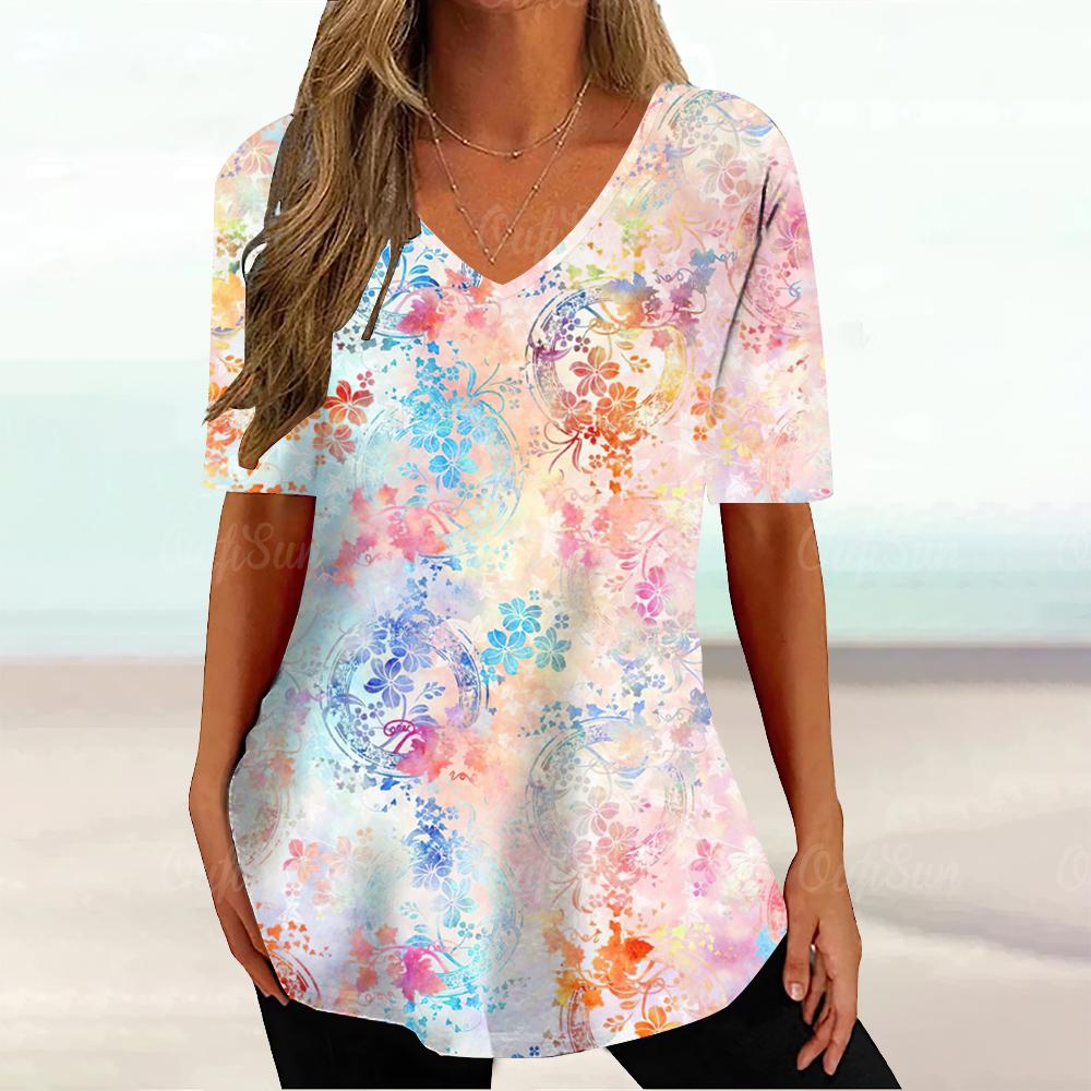 Summer V-neck 3D Floral Printed Top Fashionable Casual Short Sleeved Women's T-shirts