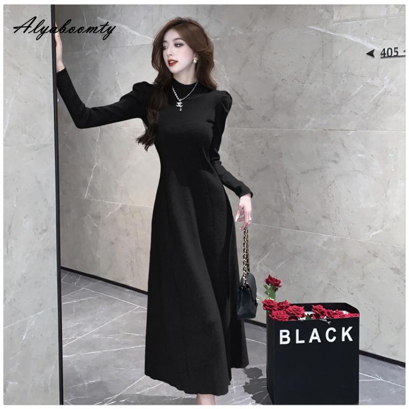 Французский стиль, осенне-зимнее женское платье-свитер миди, с половиной воротником, черное, серое, кофейное, вязаное платье, элегантное женственное трикотажное платье