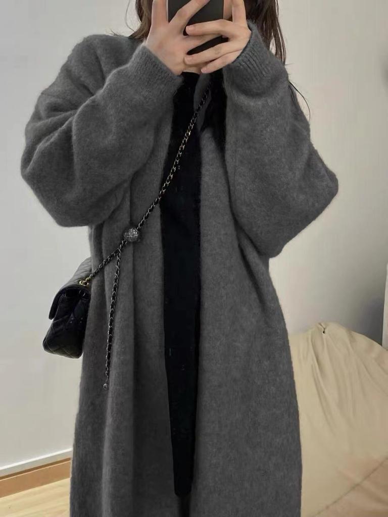 Осень-зима Новая мода V-образный вырез длинный рукав однотонный средней длины кардиган женская одежда свободные корейские трикотажные трендовые топы