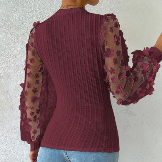 Women Spring Summer Pullover Tops O-neck Flower Decor Mesh Sleeve Chiffon Tops Solid Color Slim Fit Breathable Blouse