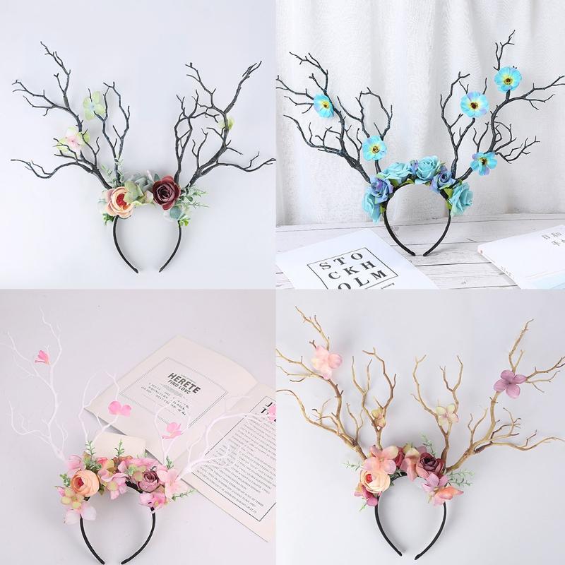 Flower Crown Hair Wreath Deer Antlers Headbands Reindeer Headdress Floral Headwears Holiday Wedding Photo Props