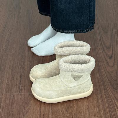 Зимняя мода 2025 года, ретро-стиль, однотонные повседневные бархатные теплые зимние ботинки, женские удобные круглые хлопковые туфли на одной педали