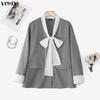 Women V-Neck Bow Lace Long Sleeve ButtonThin Cardigan Blazer
