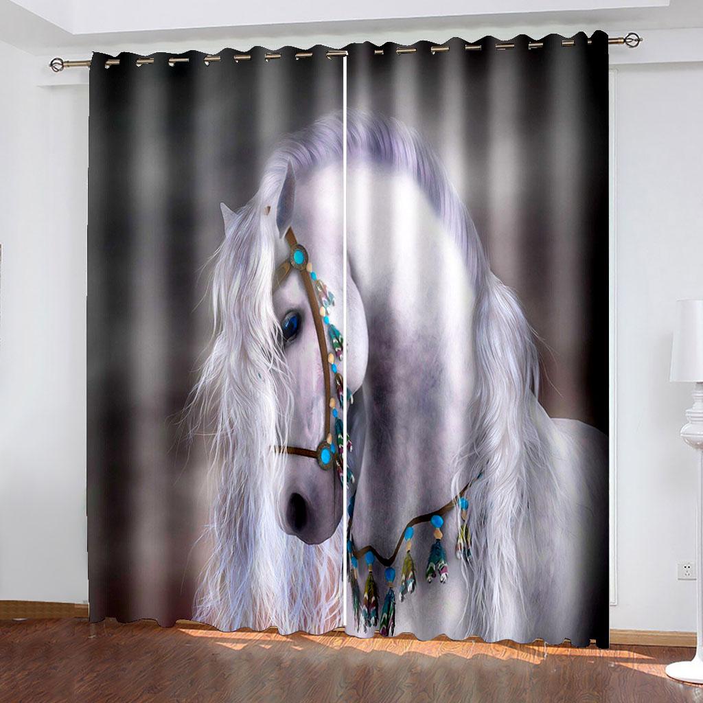 Horse With Wooden Door 3D Digital Printing Bedroom Living Room Window Curtains 2 Panels
