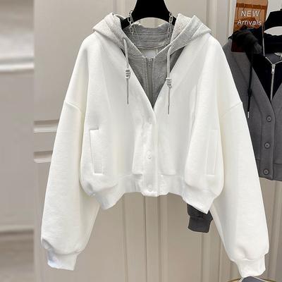 Поддельная свободная короткая толстовка на молнии с капюшоном из двух частей для женщин