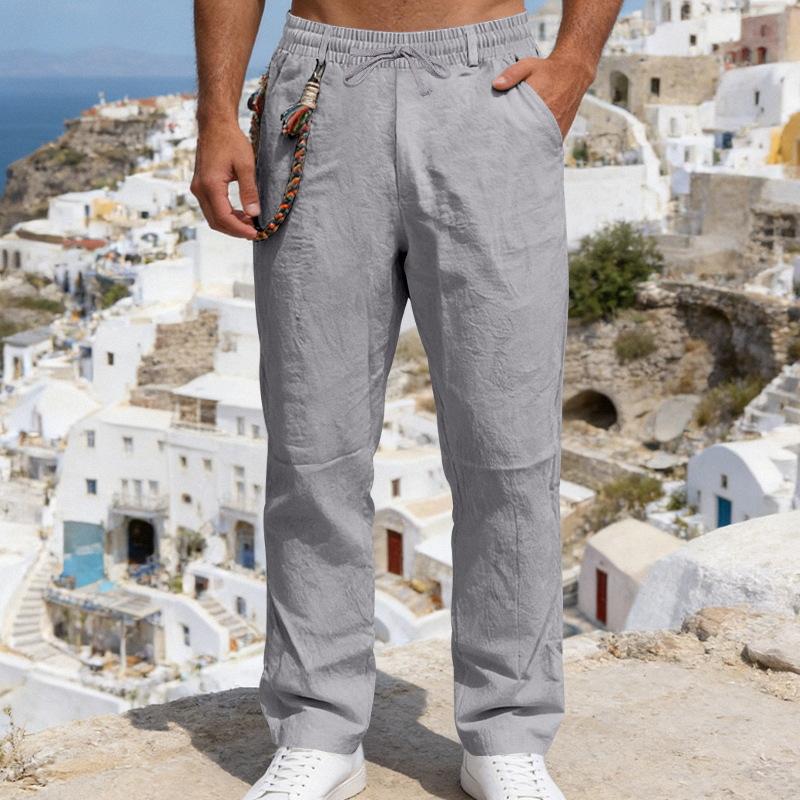 Men’s All-season Loose-fit Casual Linen Trousers with Bohemian-style Decorative Waistband and Straight-leg Cut