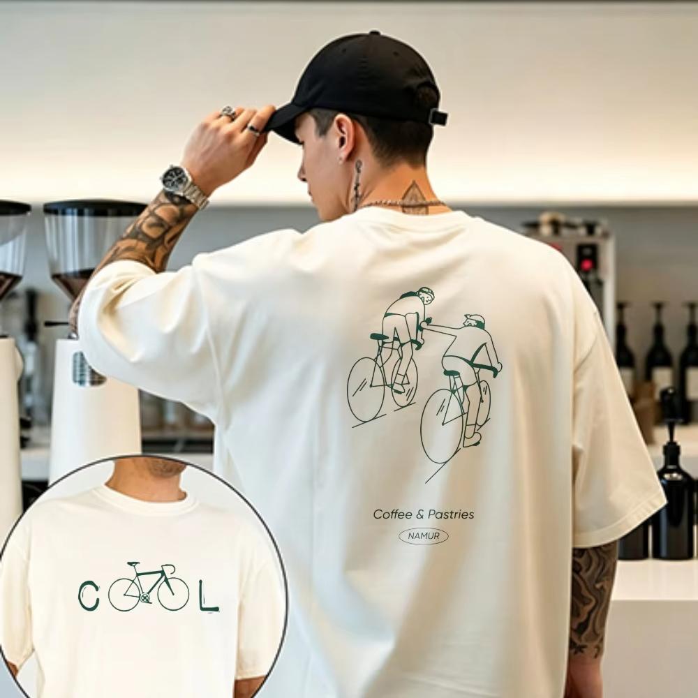 2026 Cool Bicycle Letter Print Short Sleeve Tee Loose Fit Line Art Cycling Top Wear For Outdoor Riding Coffee Lovers