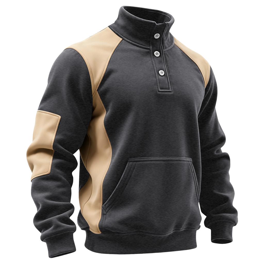 Мужская толстовка худи с цветными блоками, воротником-стойкой и застежкой на пуговицы, спортивная повседневная толстовка большого размера
