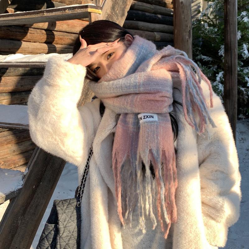 Pink Plaid Scarf for Women In Winter High End Warm Korean Style Student Versatile Couple White Scarf Trendy