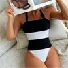 Black White Patchwork Swimsuit Women Sexy One Piece Swimwear 2025 Push Up Bathers High Cut Bathing Suit Striped Swimming Wear