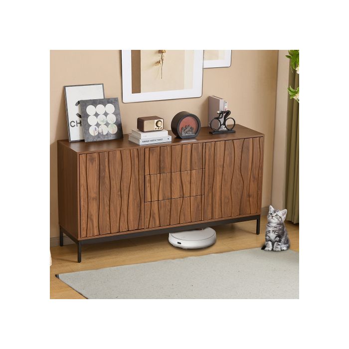 Buffet bas - MUVOE - 150 cm - Chêne foncé - 3 tiroirs - Étagères réglables